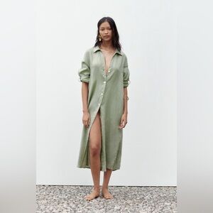 Zara Linen Midi Shirt Dress MEDIUM Green